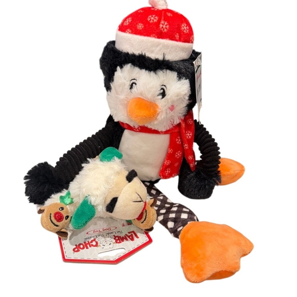 Pet Holiday Dog Toys (2) Lamb Chop & Penguin Multicolor Christmas‎ Plush